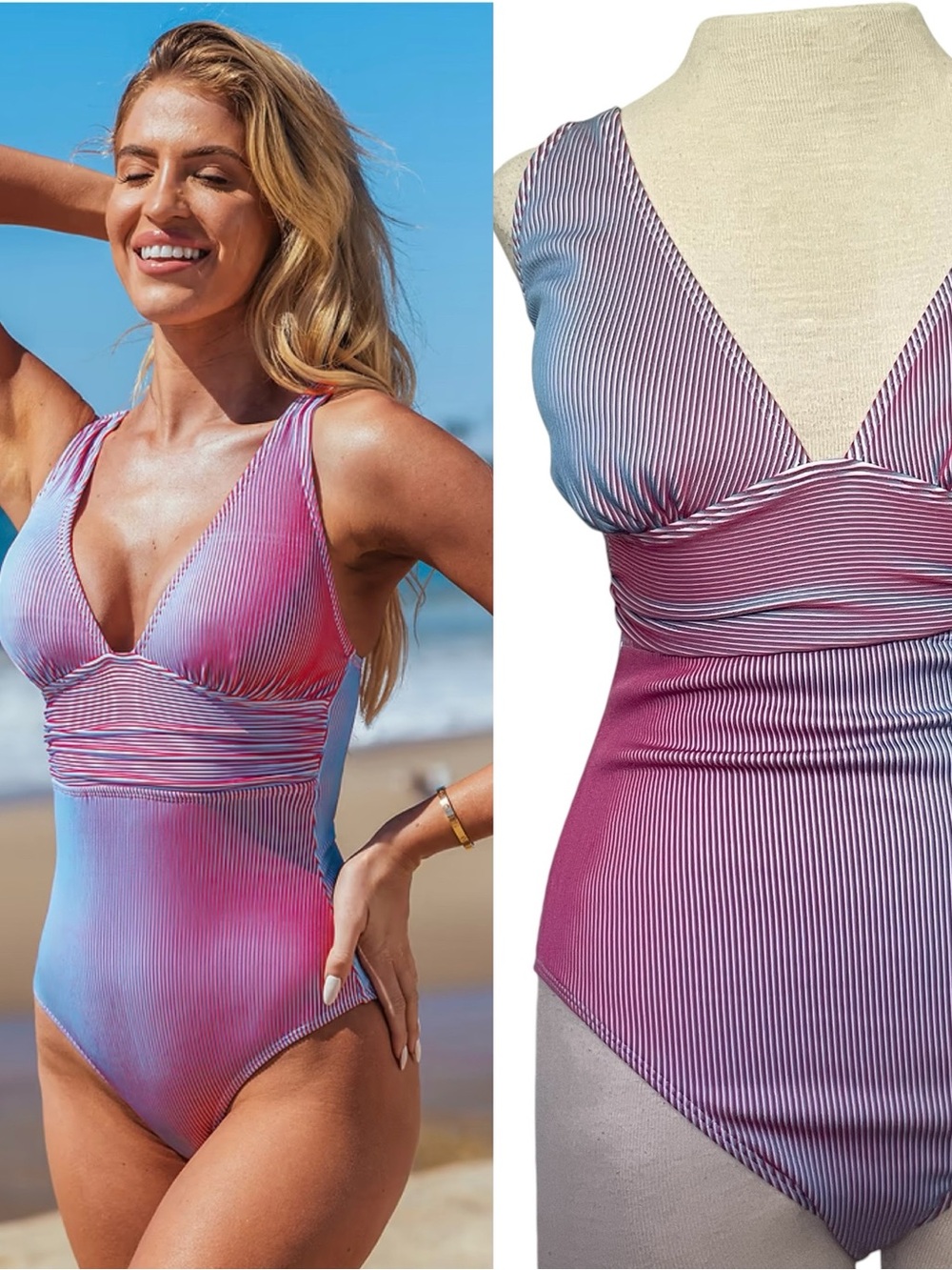 NWT Cupshe Pink Blue Plunge Stripe Ruched One Piece Bathing Suit Size Medium